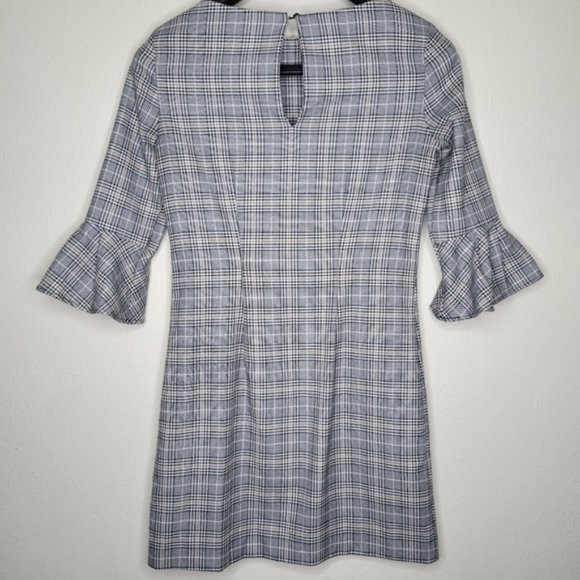 H&M Plaid Houndstooth Grey Dress with 3/4 Ruffle Bell Sleeve, Size 2 - Picture 7 of 9